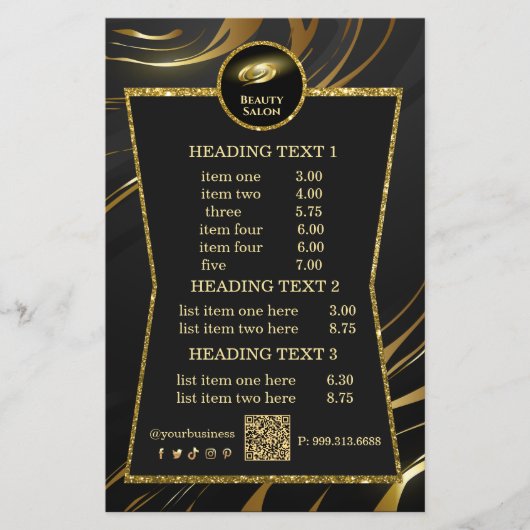 Elegante Prijslijst Zwart & Goud Schoonheidssalon Flyer (Voorkant)