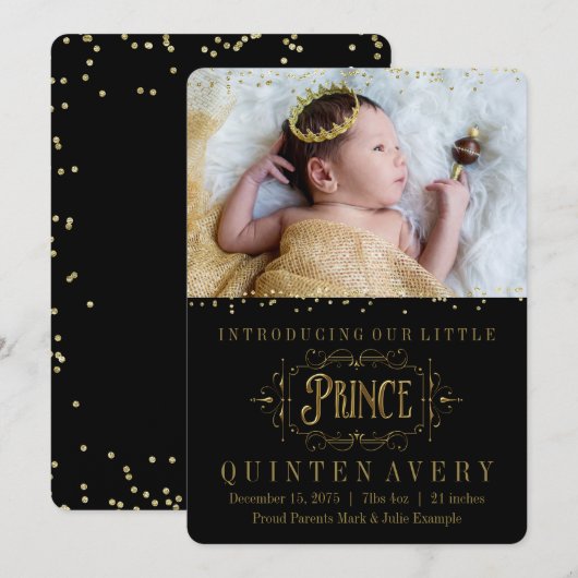 Elegante Prince Gold Confetti geboorteaankondiging Aankondiging (Voorkant / Achterkant)