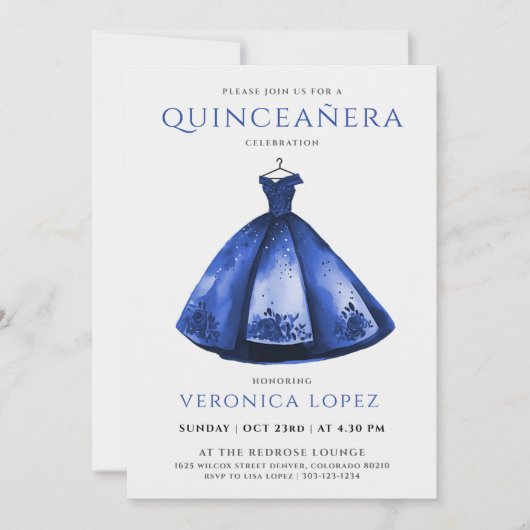 Elegante Princess Blue Dress Quinceañera Waterverf Kaart (Voorkant)