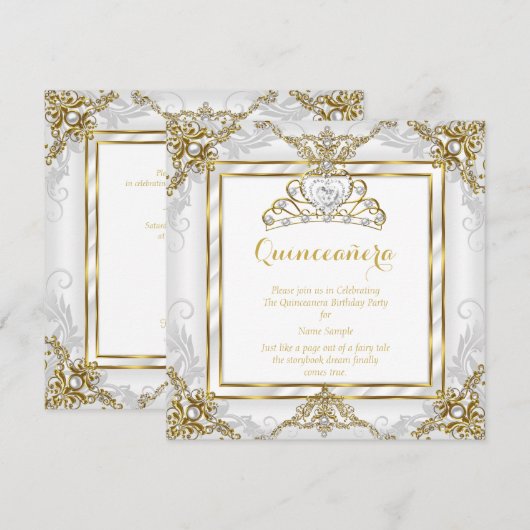 Elegante Princess Quinceanera Goud Witte Parel Kaart (Voorkant / Achterkant)