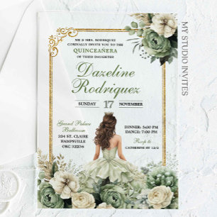 Elegante Princess Sage Green Floral Quinceañera Acryl Uitnodigingen