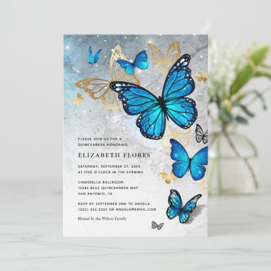 Elegante Prinses Gouden Blauwe Vlinder Quinceanera Kaart (Staand voorkant)