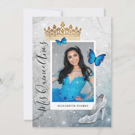 Elegante Prinses Gouden Blauwe Vlinder Quinceanera Kaart (Achterkant)
