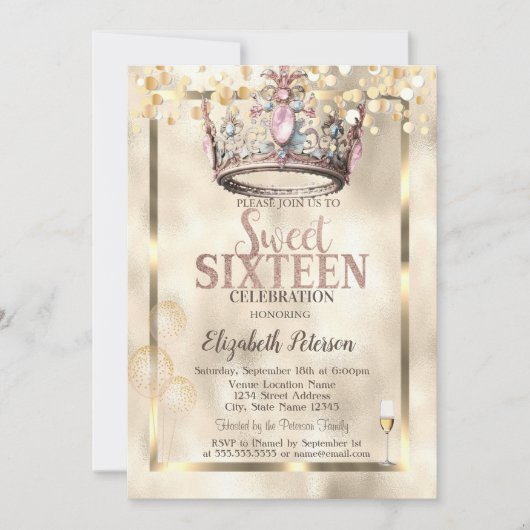 Elegante Prinses Kroonballonnen Lijst Sweet 16 Kaart (Voorkant)