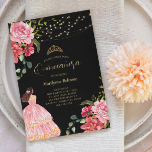 Elegante Prinses Roze Bloemige Quinceañera Kaart
