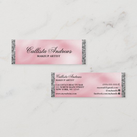 Elegante Prinses Roze Zilveren Zijde Glitter Borde Mini Visitekaartje (Voorkant / Achterkant)