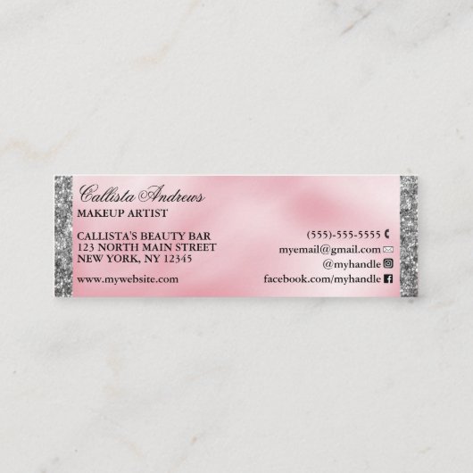 Elegante Prinses Roze Zilveren Zijde Glitter Borde Mini Visitekaartje (Achterkant)