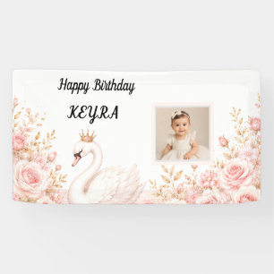 Elegante Prinses Zwaan Roze Bloem Verjaardagsfoto Spandoek
