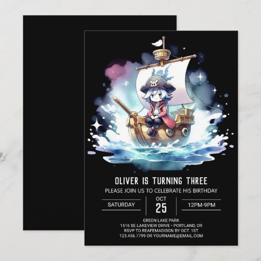 Elegante Printable Pirate Verjaardag Kaart (Voorkant / Achterkant)