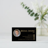 Elegante Professionele Foto Zwart Gouden QR Code Visitekaartje (Staand voorkant)