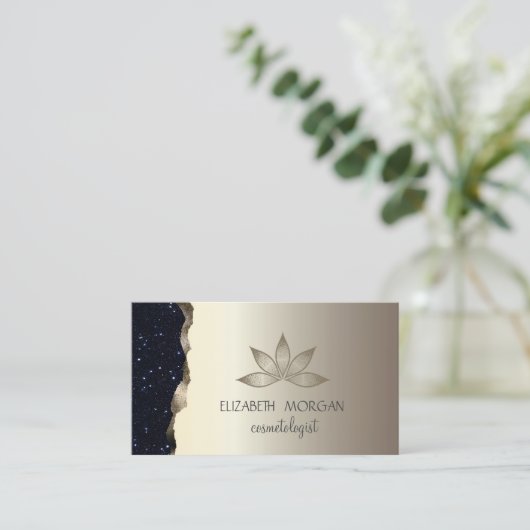 Elegante Professionele Gouden Zwarte Glitter Lotus Visitekaartje (Staand voorkant)