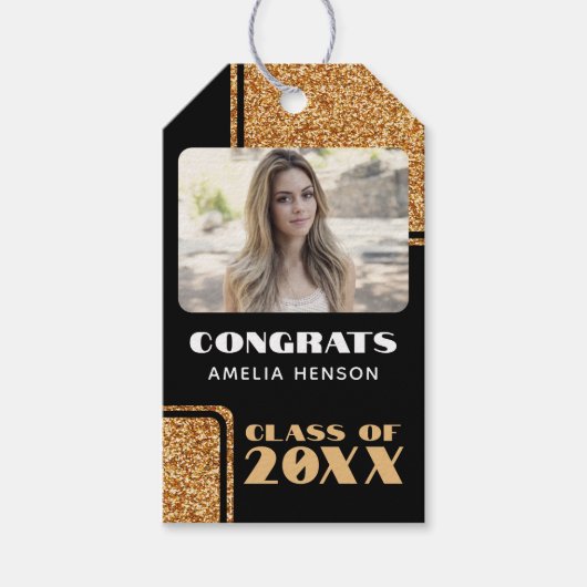 Elegante Proficiat Afstuderen Gouden Glitter Foto Cadeaulabel (Voorkant)