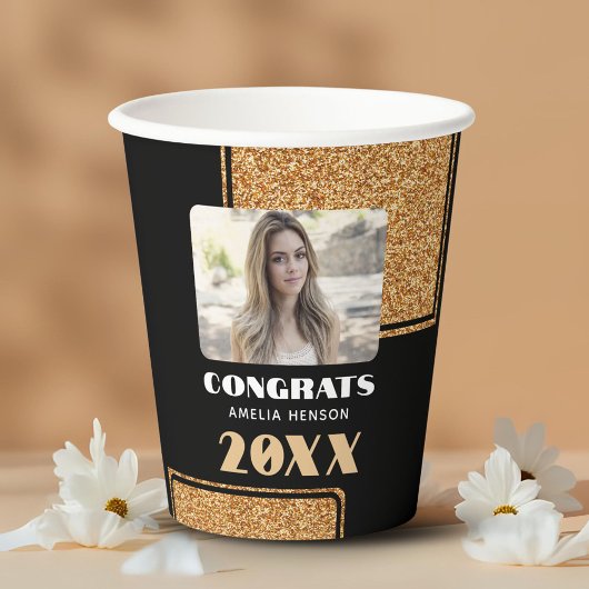 Elegante Proficiat Afstuderen Gouden Glitter Foto Papieren Bekers