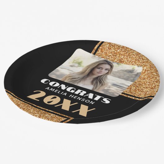 Elegante Proficiat Afstuderen Gouden Glitter Foto Papieren Bordje (Gekanteld)