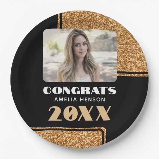 Elegante Proficiat Afstuderen Gouden Glitter Foto Papieren Bordje (Voorkant)