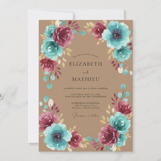 Elegante Pruim Aqua Bloem Bruiloft Kaart (Voorkant)
