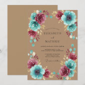 Elegante Pruim Aqua Bloem Bruiloft Kaart (Voorkant / Achterkant)