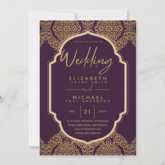 Elegante Pruim Bes Gouden Sierlijke Trouw Kaart (Voorkant)