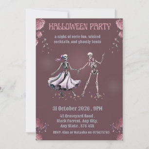 Elegante pruim dansende skeletten Halloween-feest Kaart