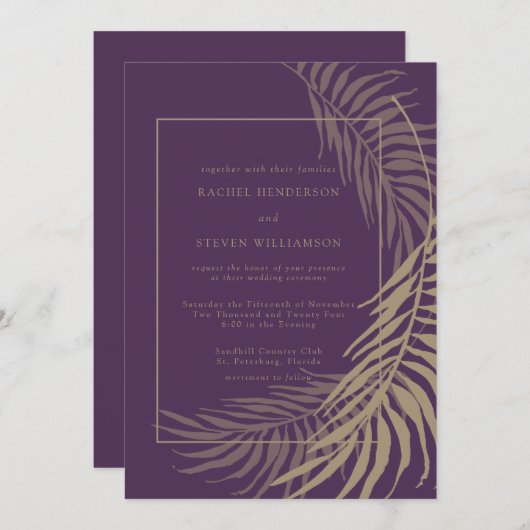 Elegante pruim- en taupekleurige trouwuitnodiging kaart (Voorkant / Achterkant)