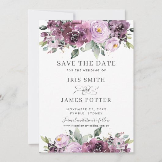 Elegante pruim mauve paarse bloem bruiloft save the date (Voorkant)