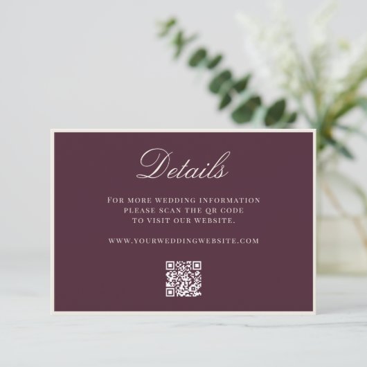 Elegante Pruim Old Money QR-code Details Bruiloft Informatiekaartje (Staand voorkant)