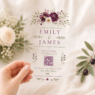 Elegante Pruim Olijf Botanische QR Code Trouwkaart Acryl Uitnodigingen