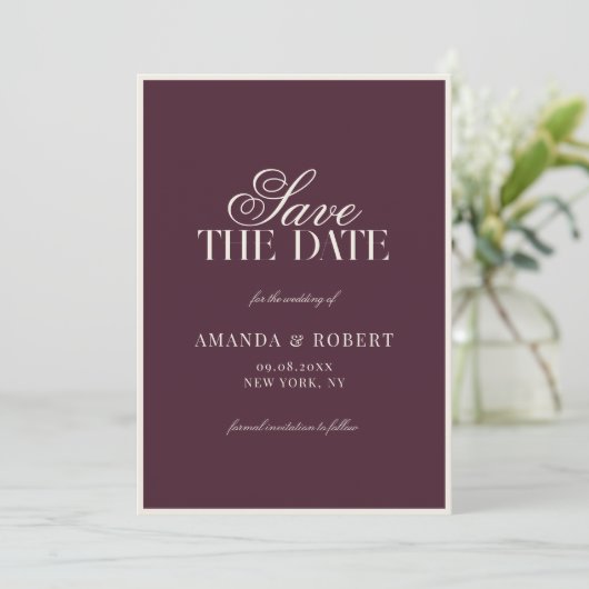 Elegante Pruim Oude Geld Huwelijk Save The Date (Staand voorkant)