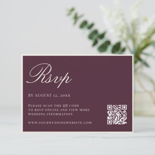 Elegante Pruim Oude Rijke Bruiloft QR Code RSVP Kaartje (Staand voorkant)