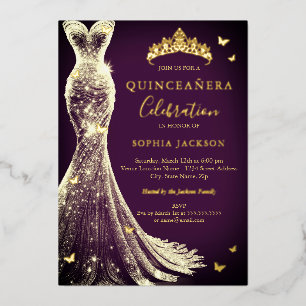 Elegante pruim paars gouden vlinder Quinceanera Folie Uitnodiging