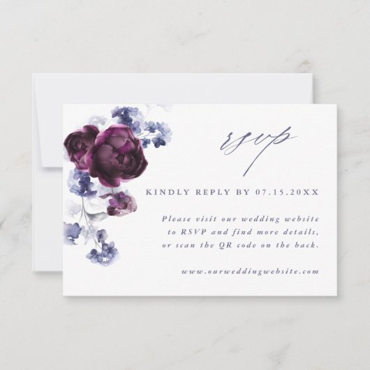 Elegante pruim paars & indigo blauw bloem QR-code RSVP Kaartje (Voorkant)