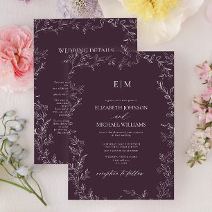 Elegante pruim paarse blad monogram details trouwe kaart