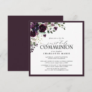 Elegante pruim Paarse Bloemen Eerste Heilige Commu Kaart