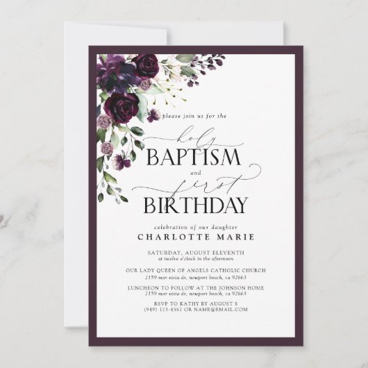 Elegante pruim Paarse bloemendoop 1e verjaardag Kaart (Voorkant)