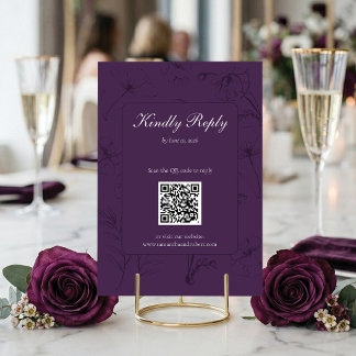 Elegante Pruim Paarse Bloemlijn Kunst QR Code Trou RSVP Kaartje