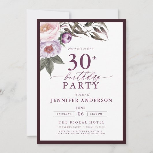 Elegante Pruim Paarse Bloemrijke Script 30e Verjaa Kaart (Voorkant)