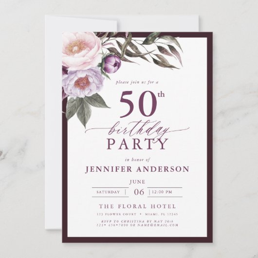 Elegante Pruim Paarse Bloemrijke Script 50e Verjaa Kaart (Voorkant)