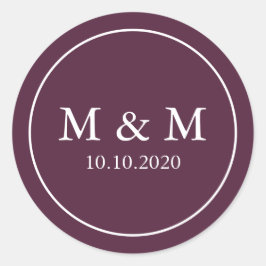 Elegante pruim Paarse bruiloft Classic Monogram Ronde Sticker