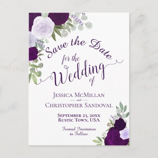 Elegante pruim paarse rozen Trouw Save the Date Aankondigingskaart (Voorkant)