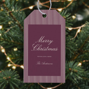 Elegante Pruim Strepen Kerstmis Cadeaulabel