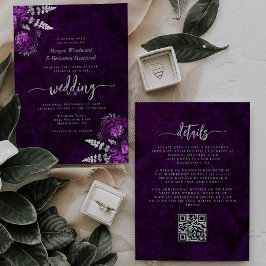 Elegante pruim zilveren bloemencode QR-huwelijk Kaart