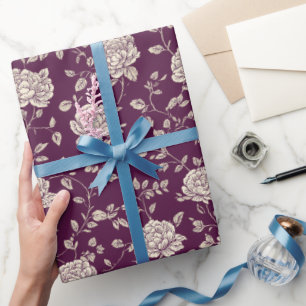 Elegante pruimroos ivoor bloemmotief cadeaupapier