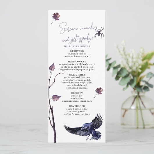 Elegante Prunus en Zwarte Kraai Halloween Feestdin Menu (Staand voorkant)