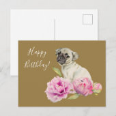 Elegante Pug en pioenen | Birthday Briefkaart (Voorkant / Achterkant)