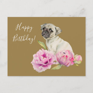 Elegante Pug en pioenen Birthday Briefkaart