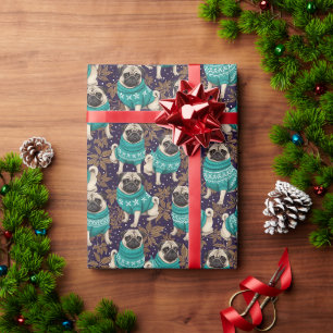 Elegante Pug-hond in turquoise trui paars & goud Cadeaupapier