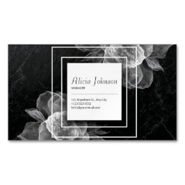 Elegante pure bloemen en zwart marmer magnetisch visitekaartje