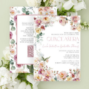 Elegante QR  Blush Pink Floral Quinceañera Kaart