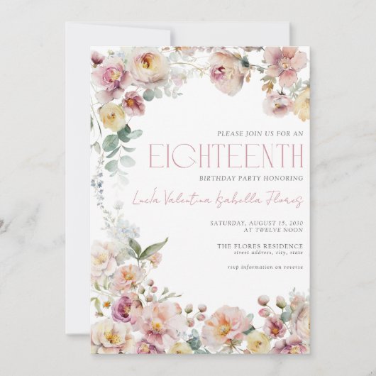 Elegante QR  Blush Roze Bloemen Achttiende Kaart (Voorkant)