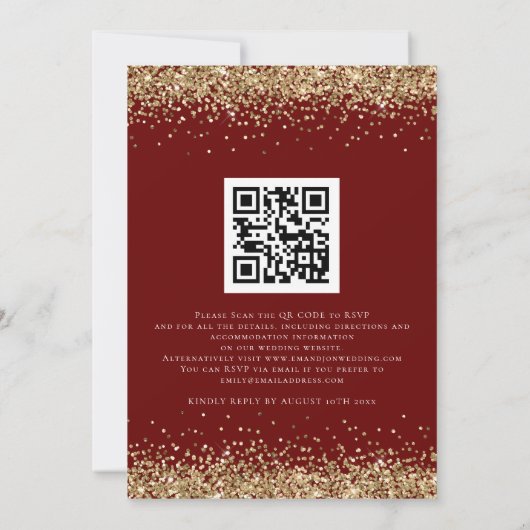 Elegante QR bordeaux gouden glitters bruiloft Kaart (Achterkant)